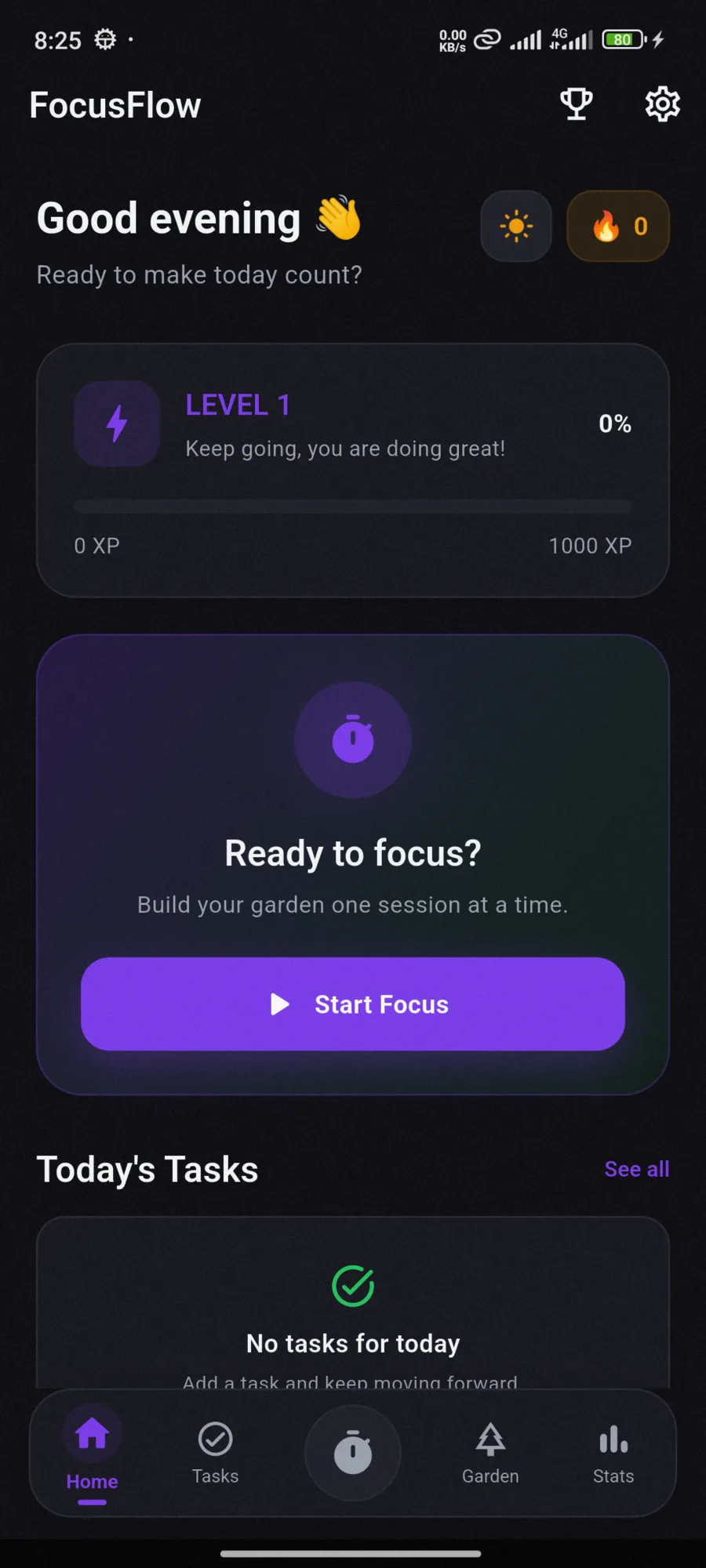 FocusFlow home screen